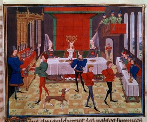 Das Hochzeitsbankett bei der Hochzeit von Clarisse, Tochter von König Yvon von Gascogne und Renaud. Miniatur aus dem Manuskript „Renaud de Montauban“ oder „Les quatre fils Aymon“ von Loyset Liedet (aktiv zwischen 1448 und 1478). Ms. 5073. 15. Jahrhundert von Unknown artist
