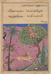 Der Wolf und der Schakal, die als Wesire dienen, stiften den Löwen an, der den Brahmanen auf einen Baum verfolgt, aus einem Tuti-nama (Geschichten eines Papageis): Einundzwanzigste Nacht