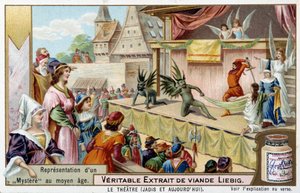 Theater: Darstellung eines Mysteriums im Mittelalter - Liebig Chromolithographie von Unknown artist