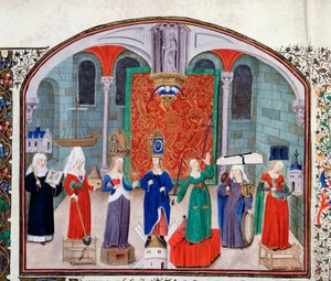 Theorie der theologischen und kardinalen Tugenden. Miniatur aus dem Manuskript „Kommentar zur politischen und wirtschaftlichen Ethik“ von Aristoteles (383-322 v. Chr.), übersetzt von Nicolas Oresme von Unknown artist