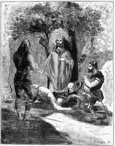 Drei der Henker von Saint Leger (616-677) warfen sich zu seinen Füßen, um Vergebung zu bitten. Gravur aus dem 19. Jahrhundert von Unknown artist