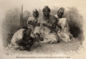 Tierno Ousman, vom Toucouleur-Stamm, Dorfvorsteher von Guemmou Koura (Mali), hält eine muslimische Gebetskette mit großen Körnern, rezitiert seine Gebete, während seine Masseure seinen Rücken und seine Beine massieren. Gravur zur Illustration der Reise nac von Unknown artist