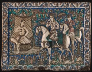 Fliese, die Khusrau zeigt, wie er auf Shirin beim Baden trifft von Unknown artist