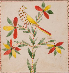 Kleiner gelber und roter Vogel auf blühendem Zweig von Unknown artist
