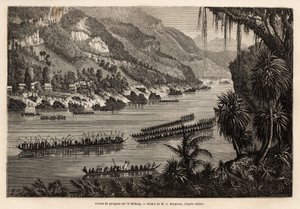 Traditionelles Kanurennen auf dem Mekong, jedes Jahr am Ende der Regenzeit organisiert, als prestigeträchtiger Wettbewerb zwischen den Fischerei- und Bauerndörfern in der Nähe des Flusses. Gravur zur Illustration der Entdeckungsreise in Indochina, von Fran
