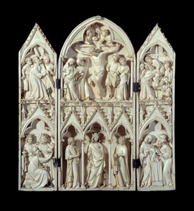 Triptychon von Saint-Sulpice du Tarn: Kreuztragung, Kreuzigung, Kreuzabnahme, Anbetung der Heiligen Drei Könige, Glorreiche Jungfrau, Darstellung im Tempel. Elfenbeinrelief um 1300 Paris, Nationalmuseum des Mittelalters, Thermen