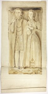 Tudor-Grabplatte mit Abbildungen von Mann und Frau