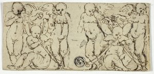 Zwei dekorative Gruppen von Putti mit Trompeten und Früchten von Unknown artist