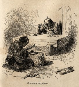 Zwei Arbeiter, jeder mit einem Hammer und einem Stempel, gravieren Metallrohre in ihrer Werkstatt. Gravur zur Illustration der Reise nach Japan, von Aime Humbert, Minister der Schweizerischen Eidgenossenschaft, 1863-1864, veröffentlicht in „Le tour du mond