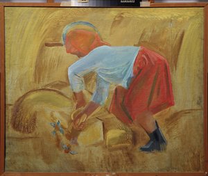 Eine Schnitterin mit einer Sichel auf dem Kopf von Unknown artist