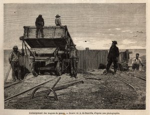 Entladen von Guano-Wagen auf den Chincha-Inseln (Pazifischer Ozean, nahe der südwestlichen Küste Perus), deren Hauptinteresse die Ausbeutung von Guano-Ablagerungen war (als Dünger verwendet), Ablagerungen auf Granitklippen, die als Zuflucht für eine Vielza von Unknown artist