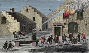 Verwendung einer Feuerspritze zur Brandbekämpfung. Gravur von 1733.