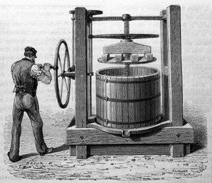 Verwendung der Presse zur Gewinnung von Traubenmarc in Medoc und Cognac. Gravur aus dem späten 19. Jahrhundert