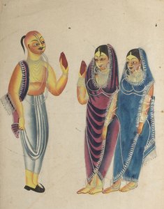 Vaishnava-Anhänger mit zwei Frauen