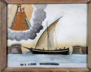 Schiff in Schwierigkeiten - Malerei auf Glas, Ex-Voto der Notre Dame de Laghet, 25x32 cm von Unknown artist