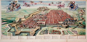 Ansicht und Karte der Stadt Turin im Jahr 1700. Farbiger Druck von Unknown artist
