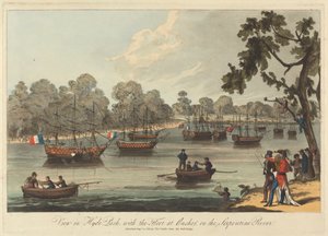 Ansicht im Hyde Park, mit der Flotte vor Anker auf dem Serpentine River, 12. August 1814