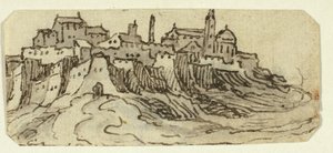 Ansicht einer Hügelstadt mit Kathedrale von Unknown artist