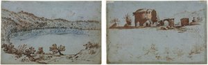 Blick auf den Nemisee (recto) Kleine Gruppe römischer Ruinen (verso) von Unknown artist