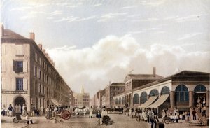 Ansicht von New York: Markt an der Fulton Street. SD Lithographie um die Mitte des 19. Jahrhunderts.