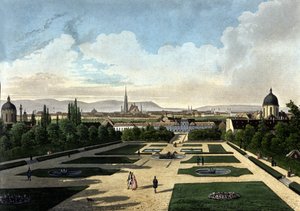 Ansicht des Belvedere in Wien, österreichischer Barockpalast, erbaut von Eugen von Savoyen. Lithographie des 19. Jahrhunderts von Unknown artist