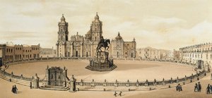 Ansicht des Zocalo-Platzes und der Kathedrale in Mexiko-Stadt, Mexiko. Lithographie aus dem späten 19. Jahrhundert von Unknown artist