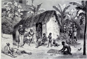 Ansicht einer Plantage mit einer Gruppe von Schwarzen in Westindien. Kupferstich aus dem 18. Jahrhundert