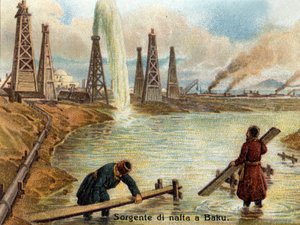 Ansicht der Ölquellen in Baku, Aserbaidschan. Chromolithographie um 1890 von Unknown artist