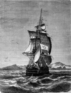 Ansicht der österreichischen Fregatte Novara vor der Insel St. Paul im Indischen Ozean im Jahr 1857. Gravur aus dem 19. Jahrhundert von Unknown artist