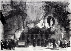 Ansicht der Grotte von Lourdes in den Hohen Pyrenäen, wo die Jungfrau Maria 1858 Bernadette Soubirous (1844-1879) erschien, heute ein Wallfahrtsort. Gravur des 19. Jahrhunderts