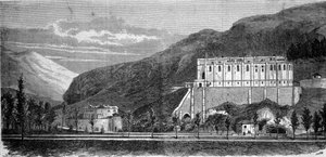 Ansicht der im Bau befindlichen Kirche nahe der wundersamen Höhle von Lourdes in den Hohen Pyrenäen, wo die Jungfrau Maria Bernadette Soubirous (1844-1879) im Jahr 1858 erschien, heute ein Wallfahrtsort. Gravur des 19. Jahrhunderts