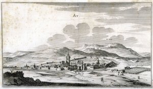 Ansicht der Stadt Ay. Gravur aus dem späten 18. Jahrhundert