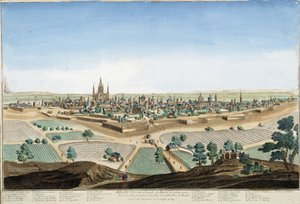 Ansicht der Stadt Mailand, Italien mit der Kathedrale und den Befestigungen. Gravur aus dem 18. Jahrhundert.
