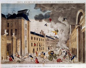 Ansicht der Explosion der Höllenmaschine in der Rue Saint Nicaise in Paris am 3. Nivose Jahr IX. Die Verschwörung der Höllenmaschine war ein Attentat auf Napoleon Bonaparte, den neuen Ersten Konsul nach dem Staatsstreich vom 18. Brumaire. von Unknown artist