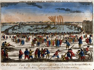 Ansicht des Festes, das in Florenz am Ufer des Arno von Großherzog der Toskana anlässlich der Hochzeit von Heinrich IV. mit Maria von Medici im Jahr 1600 gegeben wurde. Gravur von Unknown artist
