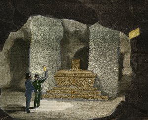 Ansicht des Beinhauses der Katakomben von Montsouris in Paris. Gravur von 1856 in „Le Musee Des Sciences“