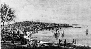 Ansicht des Hafens der Stadt Triest (in der österreichischen Zeit), Gravur des 19. Jahrhunderts