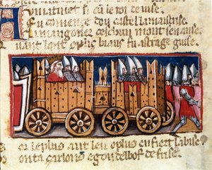 Kriegsmaschinen, Vorläufer des Panzers, verwendet von Karl dem Großen gegen die Mauren Spaniens - in „Eingang von Spanien“, Manuskript aus dem 14. Jahrhundert. Biblioteca Marciana, Venedig