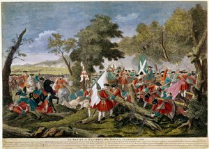 Spanischer Erbfolgekrieg (1701-1714): Ansicht der Schlacht von Malplaquet nahe Mons an der französisch-belgischen Grenze 11/09/1709 zwischen französischen und spanischen Truppen und einer englisch-niederländisch-österreichischen Koalition - Drucke von 1709 von Unknown artist