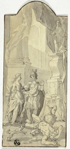 Krieger im Gespräch mit Dame beim Bankett, mit totem Mann zu ihren Füßen von Unknown artist