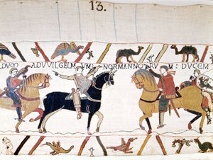 Wilhelm I. der Eroberer (1027 - 1087) trifft Harold II. (1022 - 1066), König von England, nachdem er ihn befreit hat. Bayeux-Tapete, bekannt als Stickerei der Königin Mathilde. von Unknown artist
