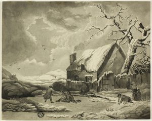 Winterszene mit Menschen vor einem Cottage in der Nähe eines Teiches von Unknown artist