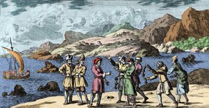 Hexerei und Glauben: Finnen und Sami provozieren einen Sturm durch die Magie von drei Knoten. Gravur aus „Mundi Mirabilis Oeconomia“ von Johann Zahn (1631-1707)