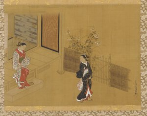Frau auf den Verandastufen; eine andere im Garten von Unknown artist