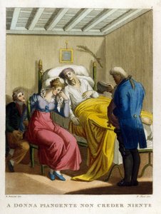 „Tränen einer Frau, Brunnen der Bosheit. Sieh eine Frau weinen.“ Gravur des 18. Jahrhunderts, die eine Reihe von Sprichwörtern illustriert. von Unknown artist