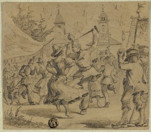 Frauen und Soldaten tanzen auf dem Dorfplatz