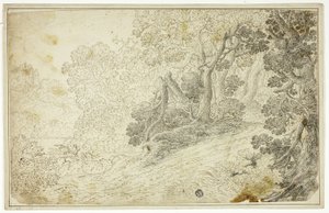 Bewaldete Flusslandschaft mit Blick auf eine Burg von Unknown artist