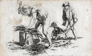 Holzfäller, die Holz bündeln, und ein Mann, der Bündel auf einer Schubkarre trägt. Gravur Ende des 18. Jahrhunderts. Private Sammlung