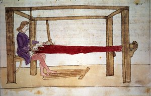 Wollweberei. Miniatur aus einem Manuskript des 14. Jahrhunderts. Florenz, Nazionale Bibliothek