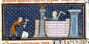 Arbeiter, die ein befestigtes Kloster bauen, Miniatur aus der Mitte des 13. Jahrhunderts. Biblioteca Trivulziana von Unknown artist